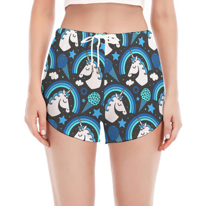 Blue Rainbow Unicorn Pattern Print Women's Split Running Shorts