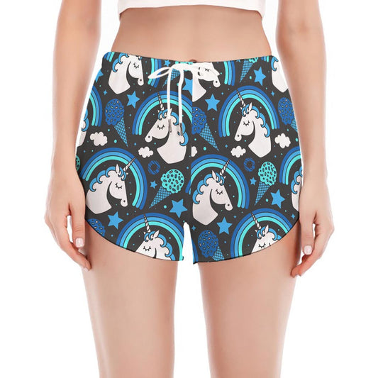 Blue Rainbow Unicorn Pattern Print Women's Split Running Shorts