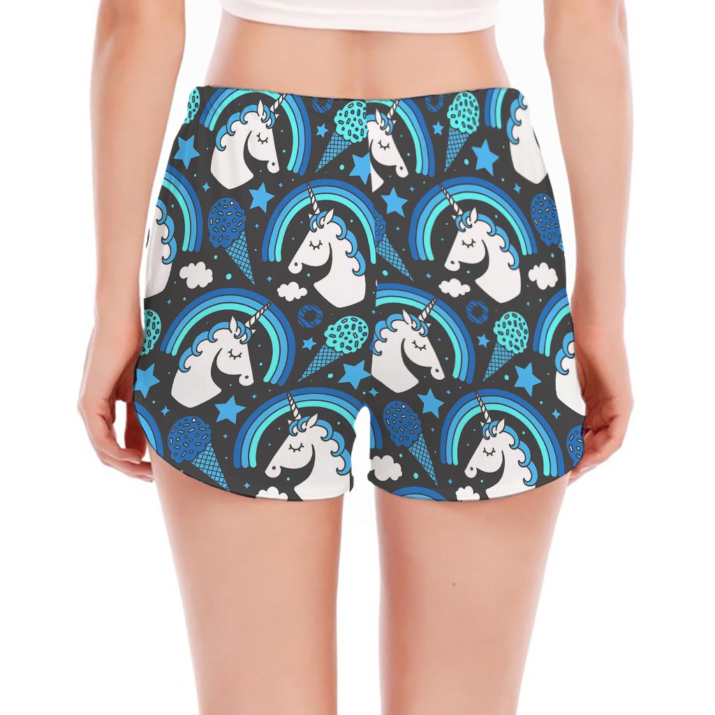 Blue Rainbow Unicorn Pattern Print Women's Split Running Shorts