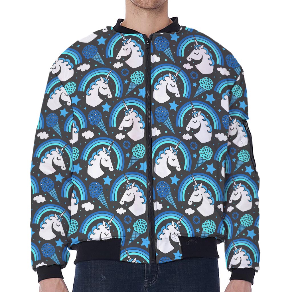 Blue Rainbow Unicorn Pattern Print Zip Sleeve Bomber Jacket
