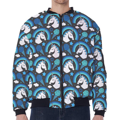 Blue Rainbow Unicorn Pattern Print Zip Sleeve Bomber Jacket