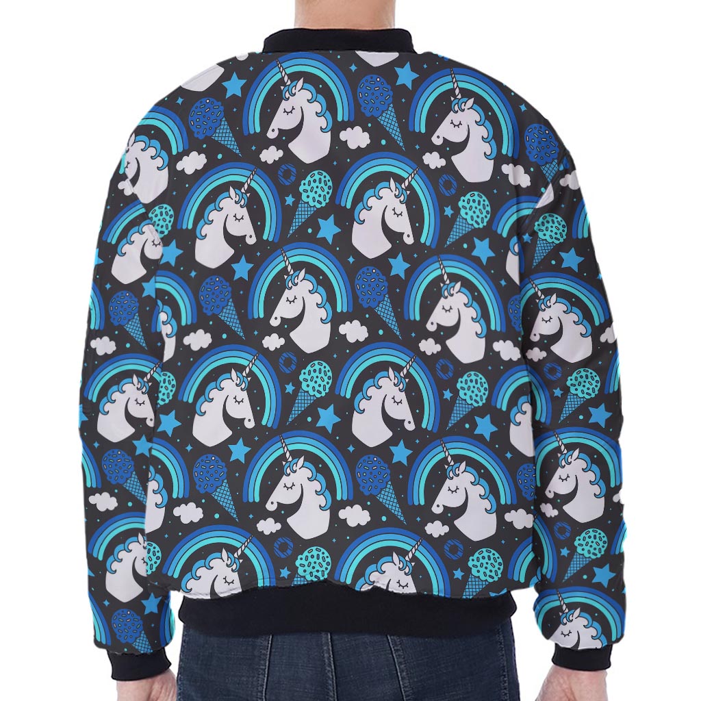 Blue Rainbow Unicorn Pattern Print Zip Sleeve Bomber Jacket