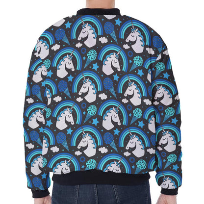 Blue Rainbow Unicorn Pattern Print Zip Sleeve Bomber Jacket