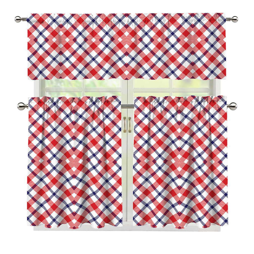 Blue Red And White American Plaid Print 3 Piece Kitchen Curtains