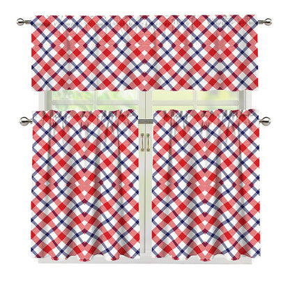 Blue Red And White American Plaid Print 3 Piece Kitchen Curtains