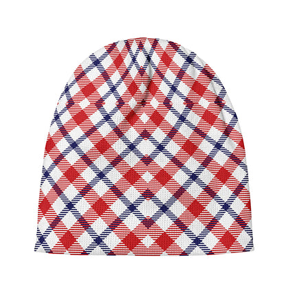 Blue Red And White American Plaid Print Beanie