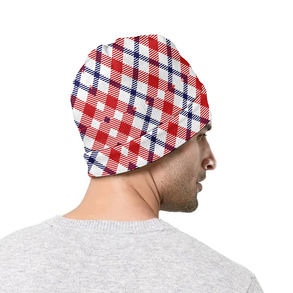 Blue Red And White American Plaid Print Beanie