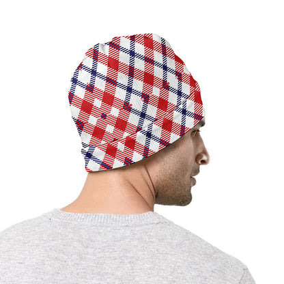 Blue Red And White American Plaid Print Beanie
