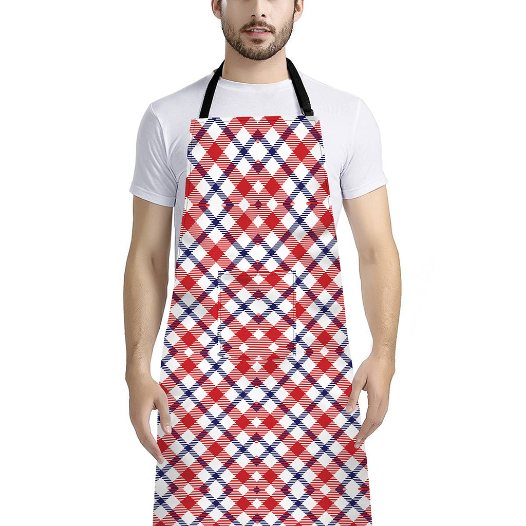 Blue Red And White American Plaid Print Bib Apron With Pocket