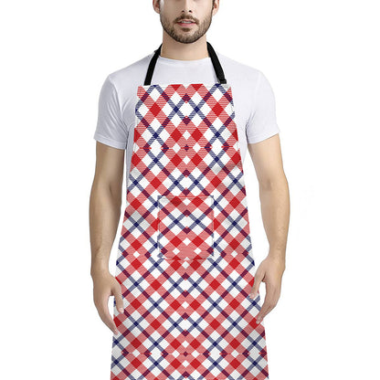 Blue Red And White American Plaid Print Bib Apron With Pocket