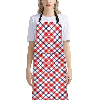 Blue Red And White American Plaid Print Bib Apron With Pocket