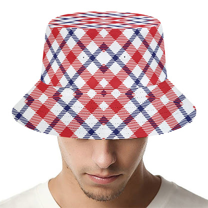 Blue Red And White American Plaid Print Bucket Hat
