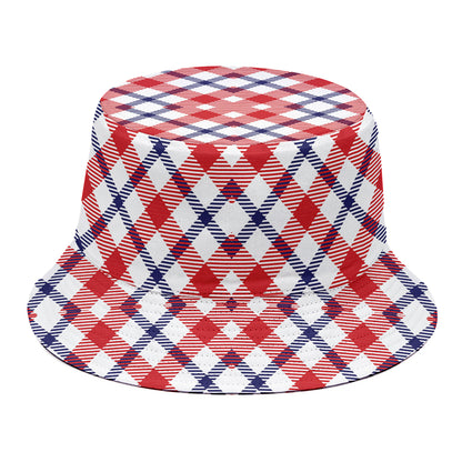 Blue Red And White American Plaid Print Bucket Hat