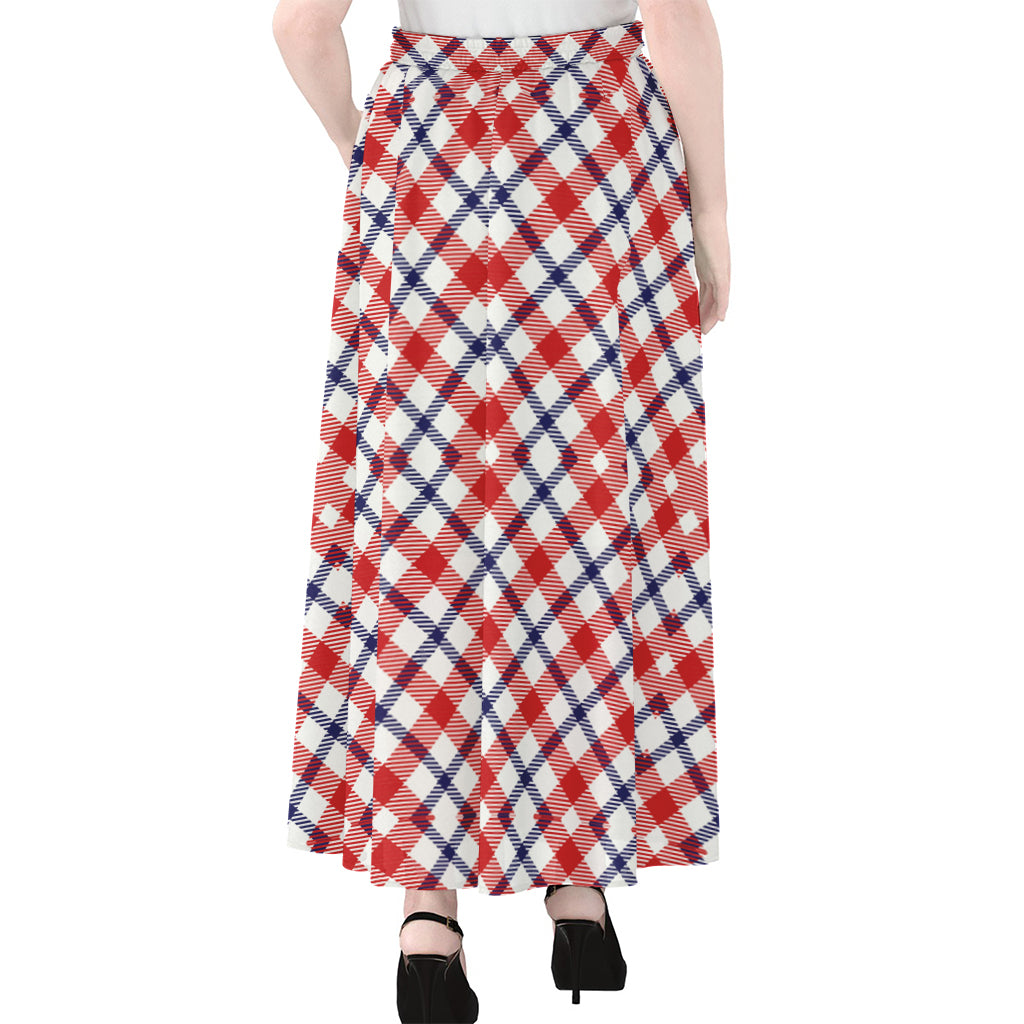 Blue Red And White American Plaid Print Chiffon Maxi Skirt