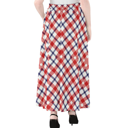 Blue Red And White American Plaid Print Chiffon Maxi Skirt