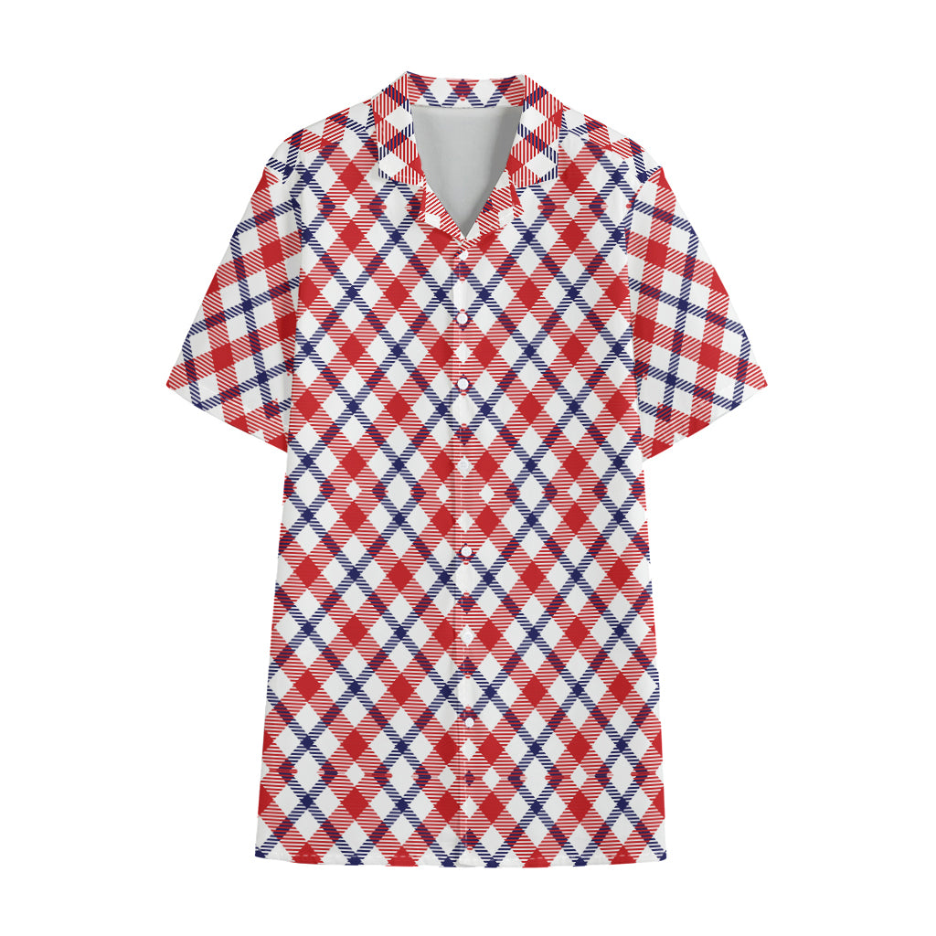 Blue Red And White American Plaid Print Cotton Hawaiian Shirt