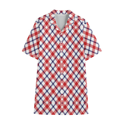 Blue Red And White American Plaid Print Cotton Hawaiian Shirt