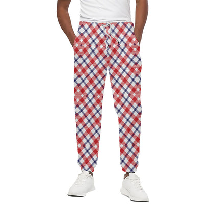 Blue Red And White American Plaid Print Cotton Pants