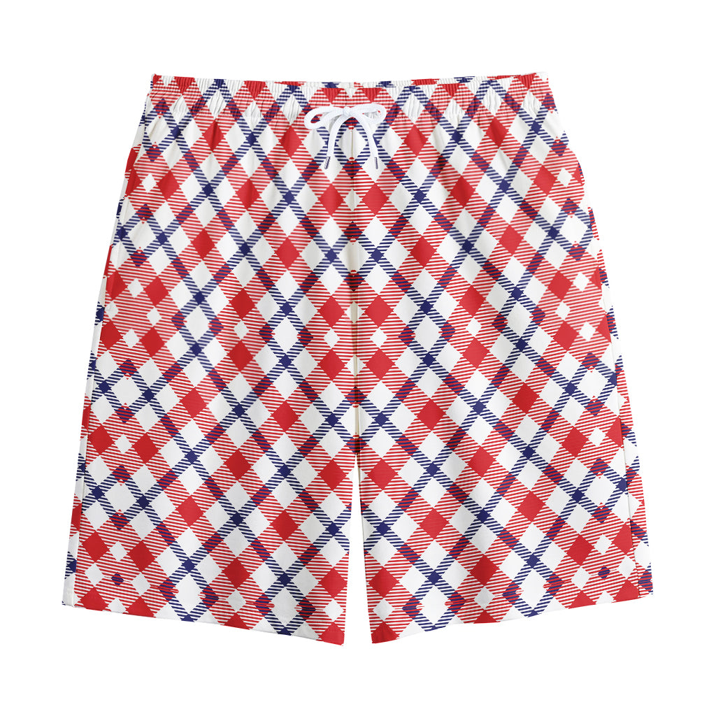 Blue Red And White American Plaid Print Cotton Shorts