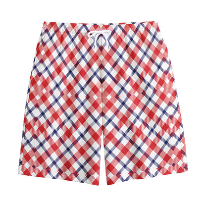 Blue Red And White American Plaid Print Cotton Shorts
