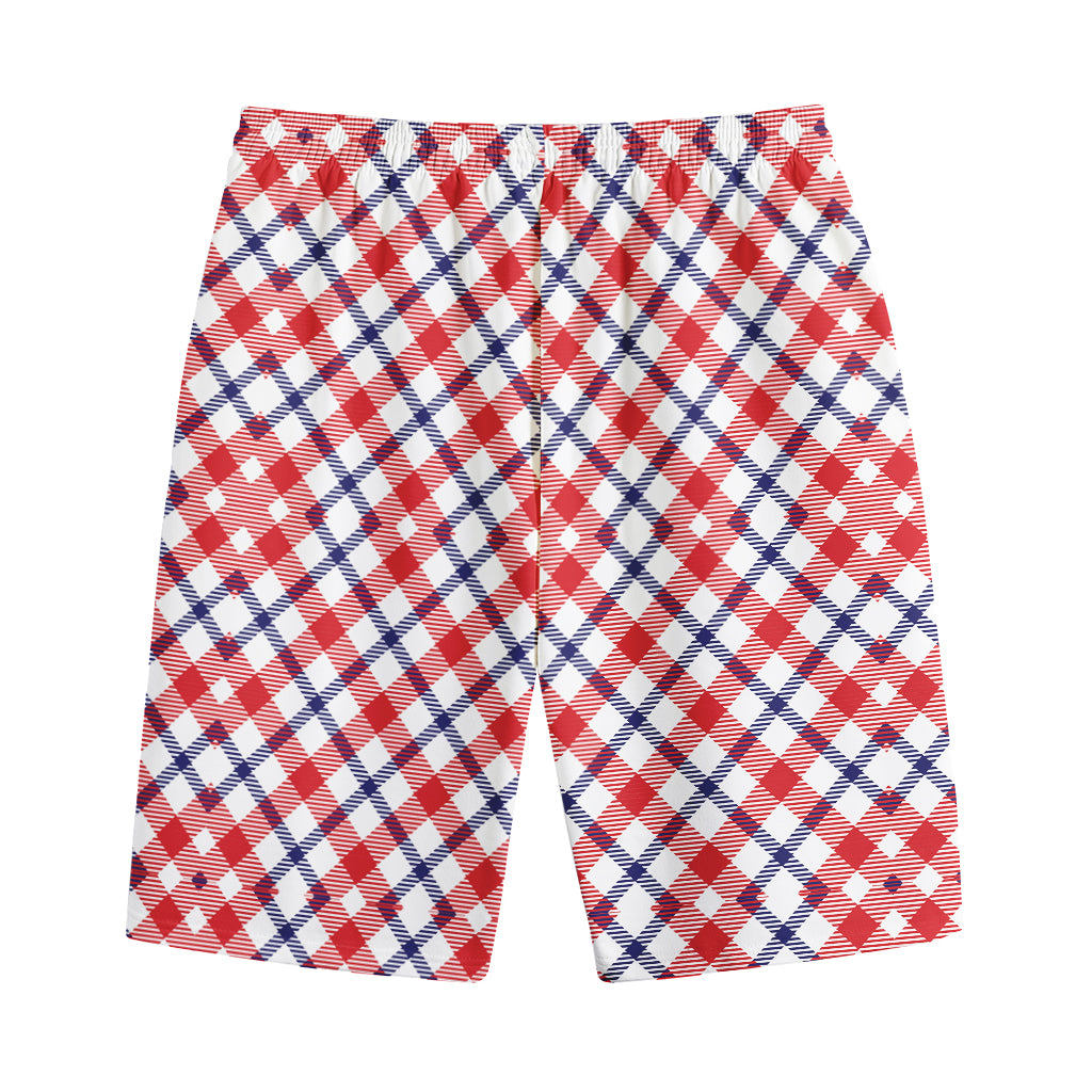 Blue Red And White American Plaid Print Cotton Shorts