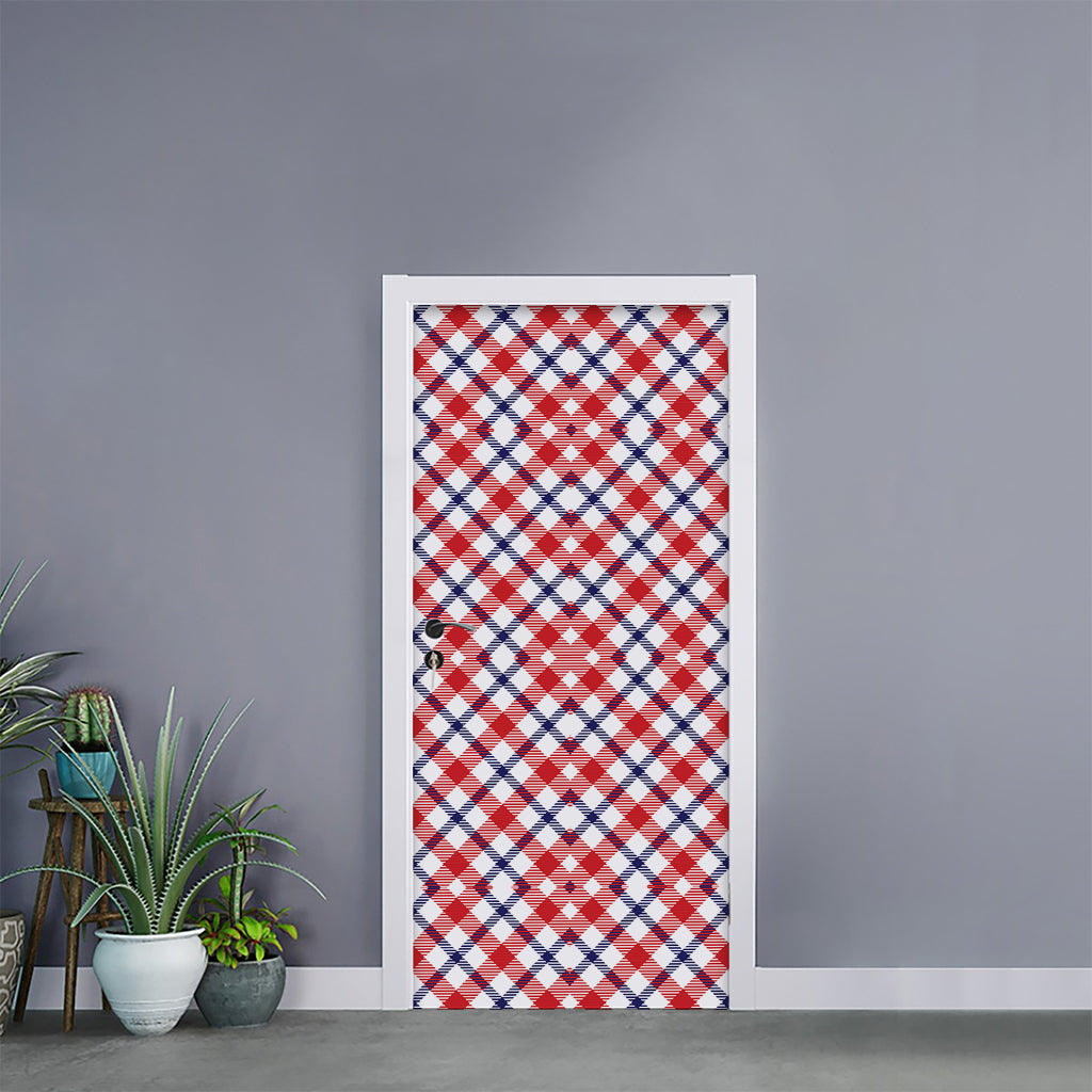 Blue Red And White American Plaid Print Door Sticker
