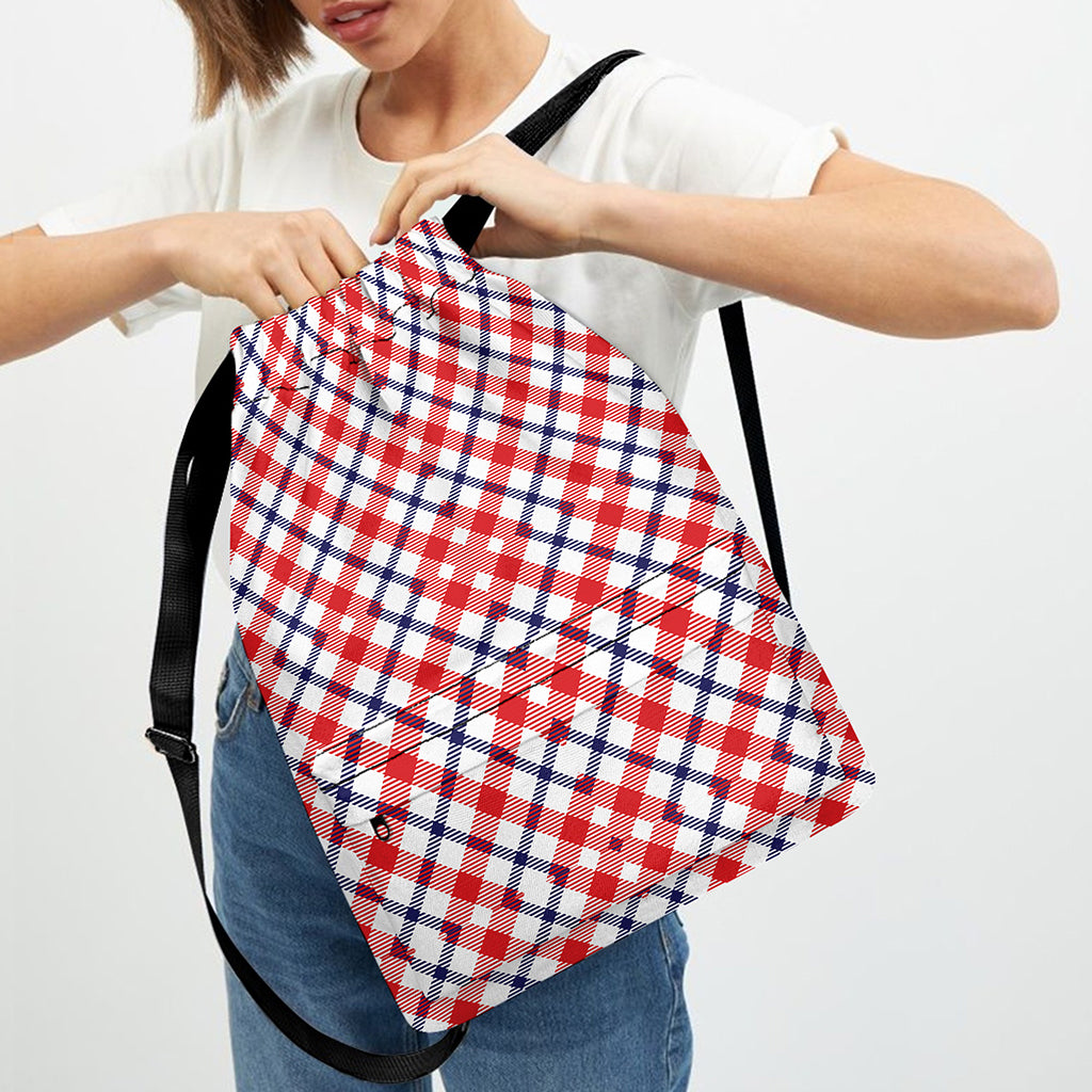 Blue Red And White American Plaid Print Drawstring Backpack