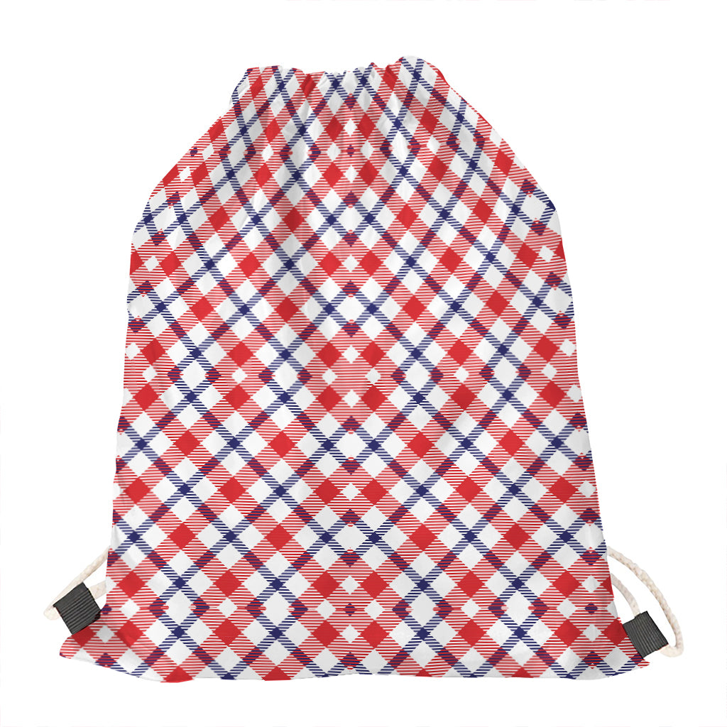 Blue Red And White American Plaid Print Drawstring Bag