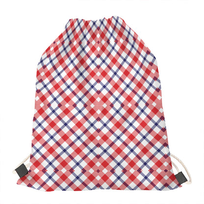 Blue Red And White American Plaid Print Drawstring Bag