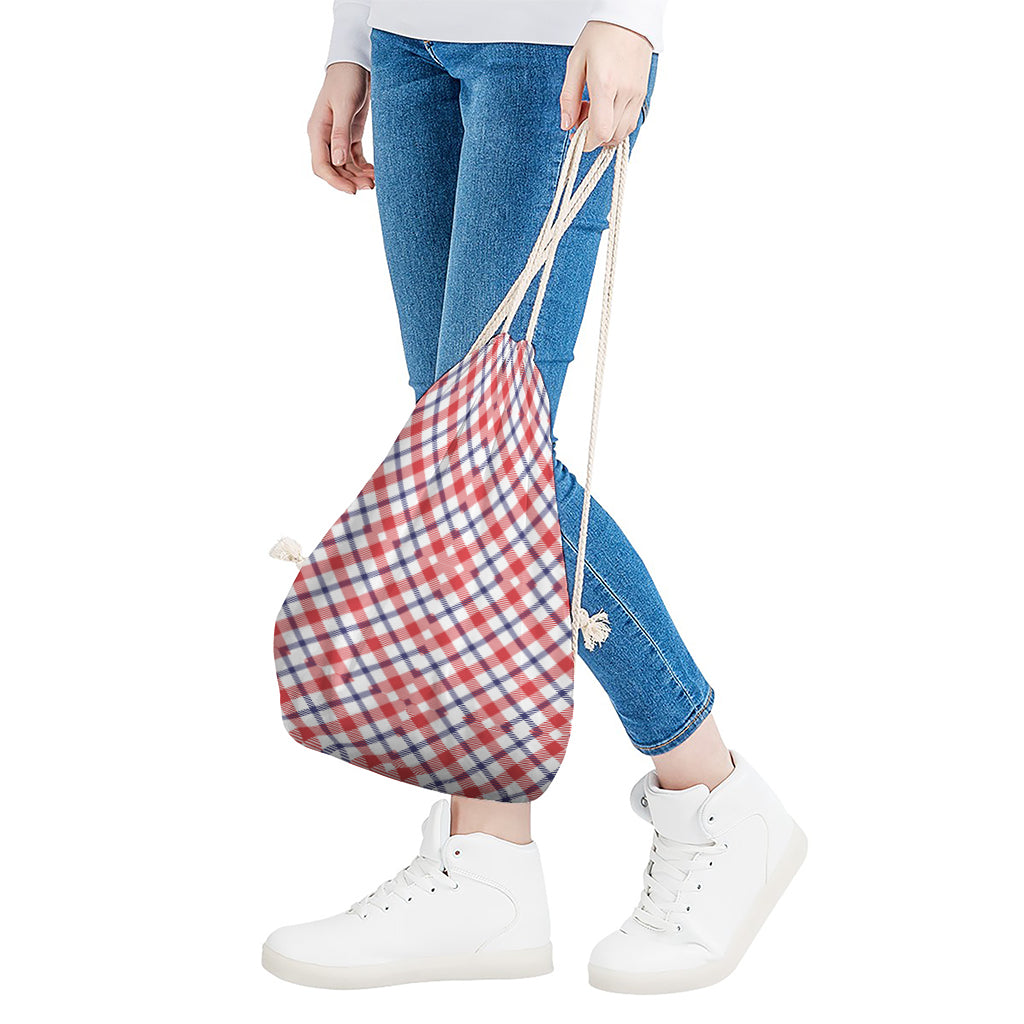 Blue Red And White American Plaid Print Drawstring Bag