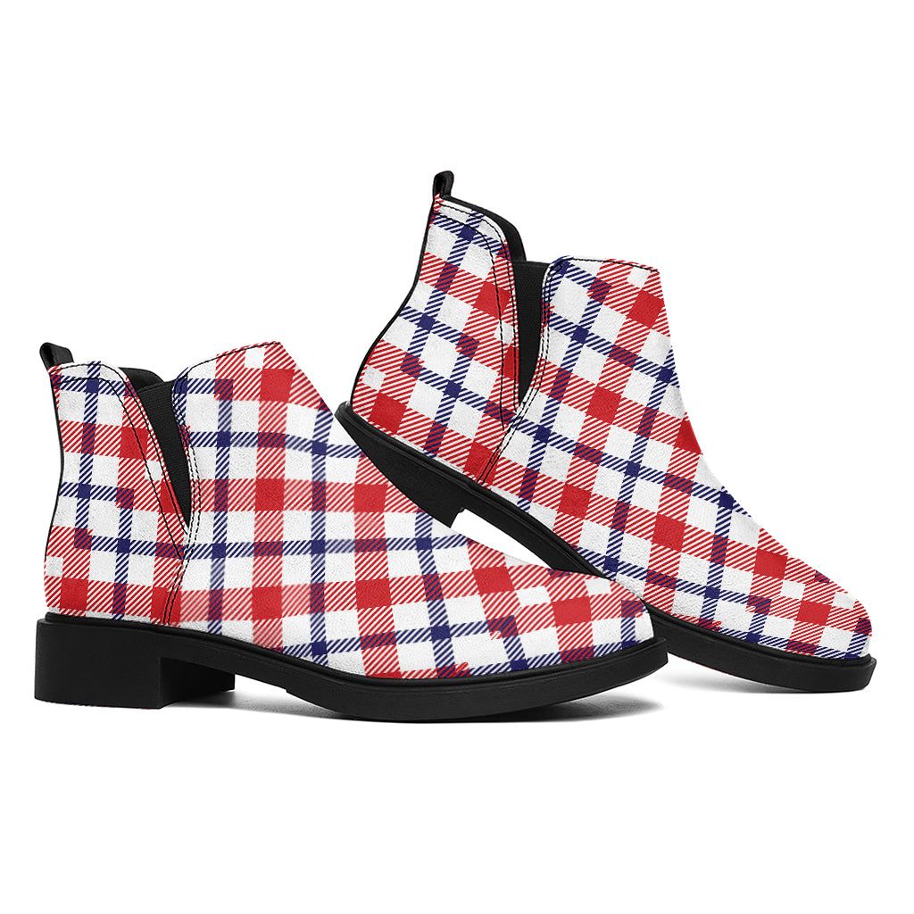 Blue Red And White American Plaid Print Flat Ankle Boots