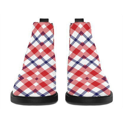 Blue Red And White American Plaid Print Flat Ankle Boots
