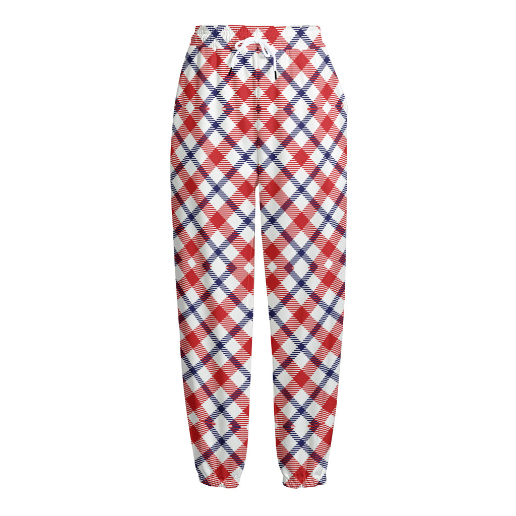 Blue Red And White American Plaid Print Fleece Lined Knit Pants