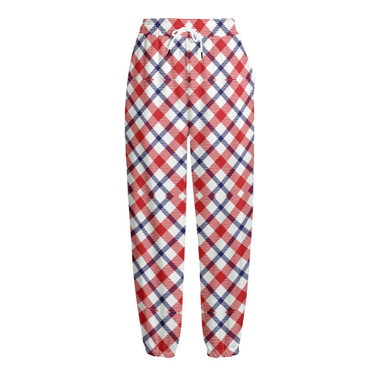 Blue Red And White American Plaid Print Fleece Lined Knit Pants