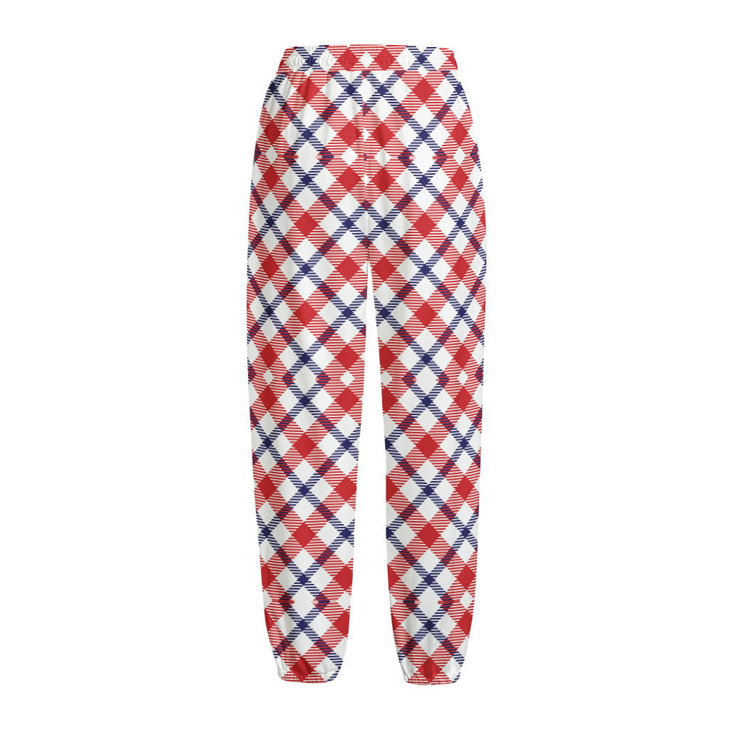 Blue Red And White American Plaid Print Fleece Lined Knit Pants