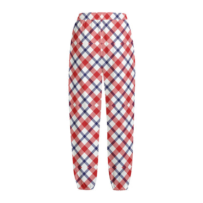 Blue Red And White American Plaid Print Fleece Lined Knit Pants