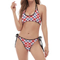Blue Red And White American Plaid Print Halter Scoop Tie Side Bikini