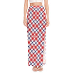 Blue Red And White American Plaid Print High Slit Maxi Skirt