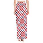 Blue Red And White American Plaid Print High Slit Maxi Skirt