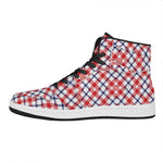 Blue Red And White American Plaid Print High Top Leather Sneakers