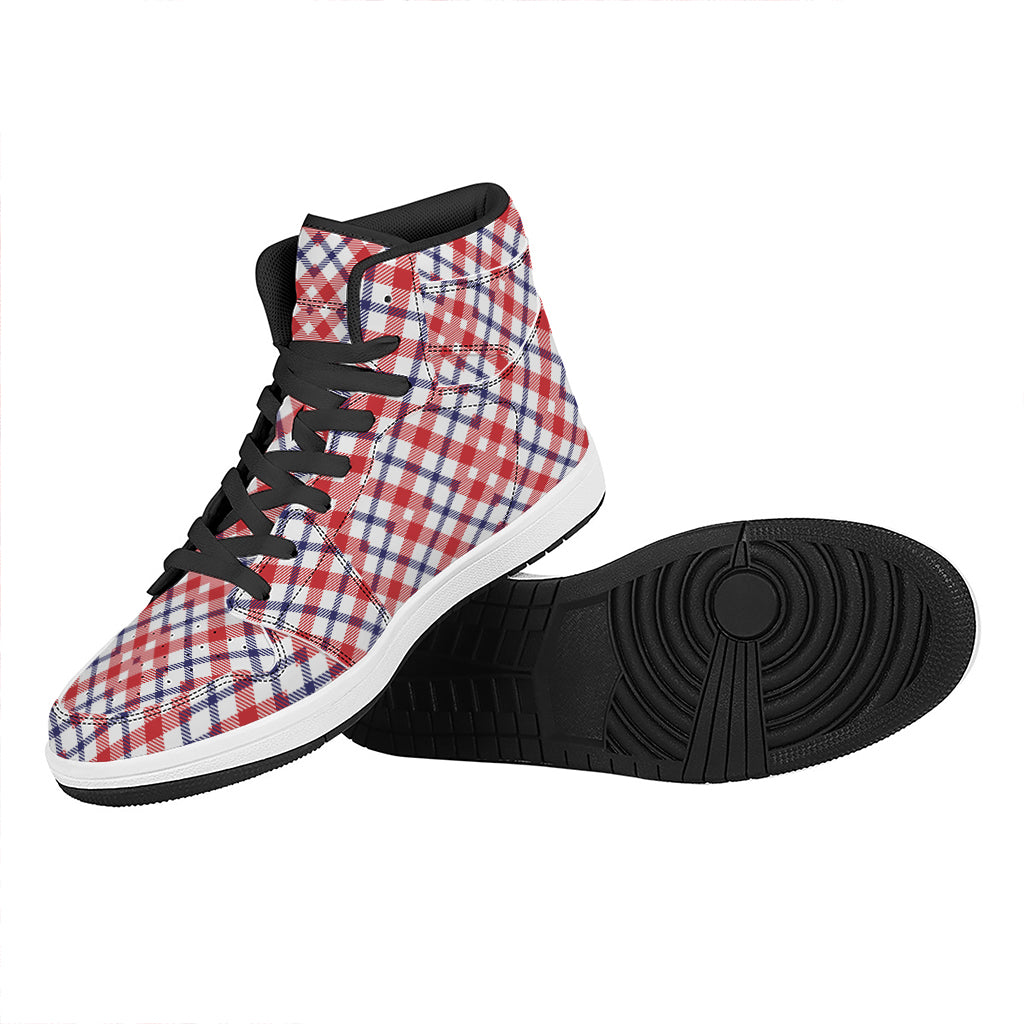 Blue Red And White American Plaid Print High Top Leather Sneakers