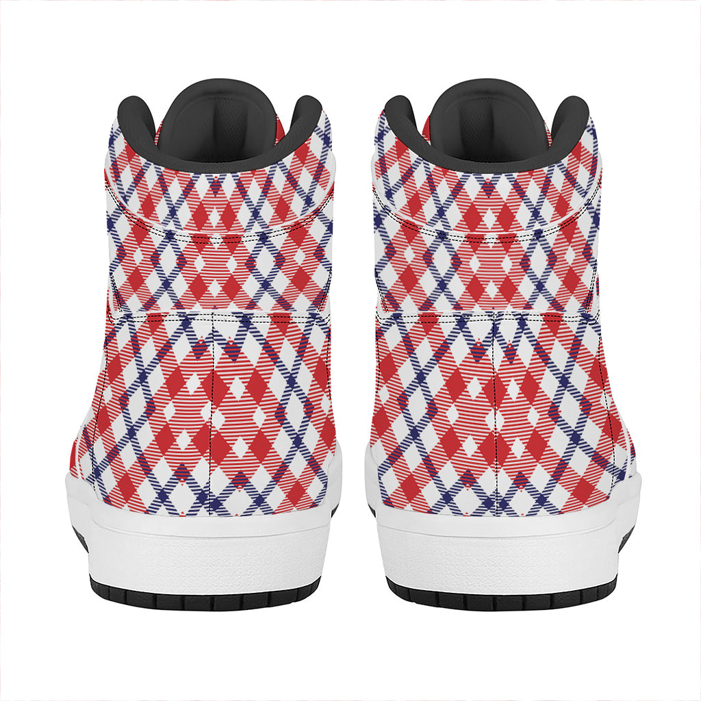 Blue Red And White American Plaid Print High Top Leather Sneakers