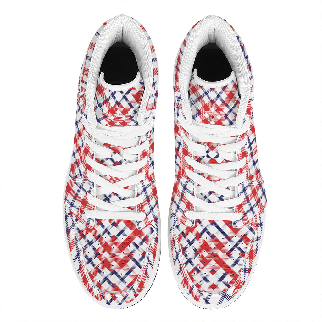 Blue Red And White American Plaid Print High Top Leather Sneakers