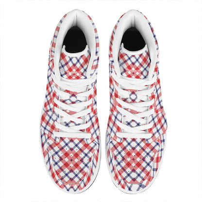 Blue Red And White American Plaid Print High Top Leather Sneakers