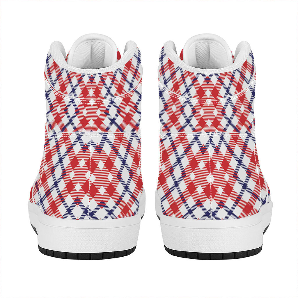 Blue Red And White American Plaid Print High Top Leather Sneakers
