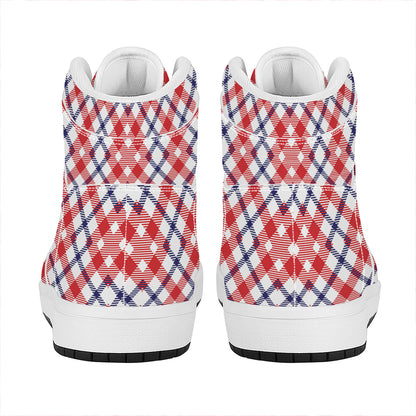 Blue Red And White American Plaid Print High Top Leather Sneakers