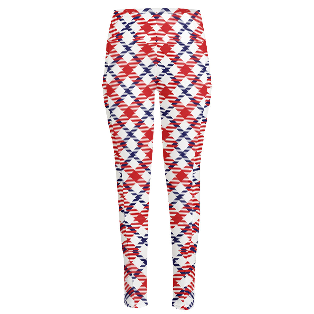 Blue Red And White American Plaid Print High-Waisted Pocket Leggings