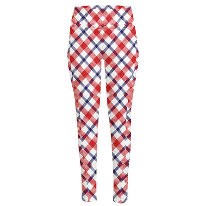 Blue Red And White American Plaid Print High-Waisted Pocket Leggings