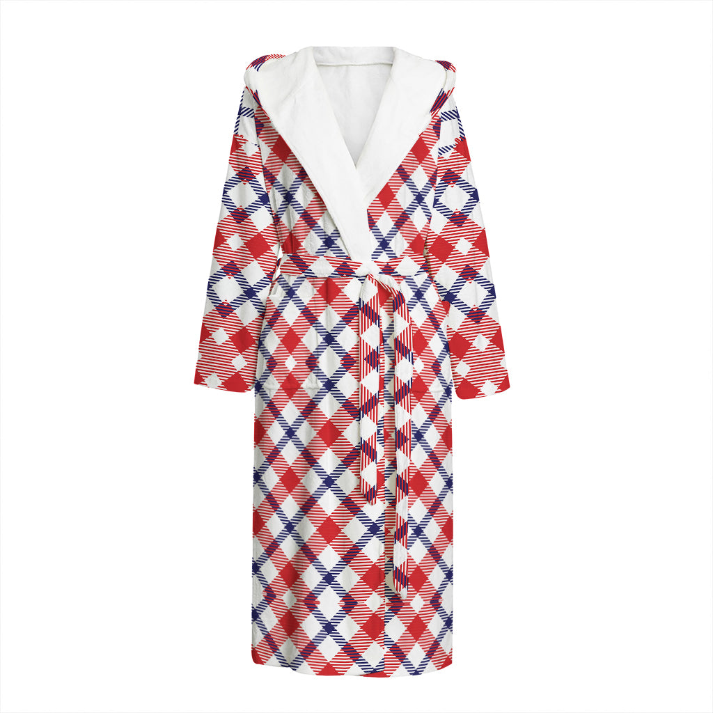 Blue Red And White American Plaid Print Hooded Bathrobe