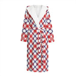 Blue Red And White American Plaid Print Hooded Bathrobe